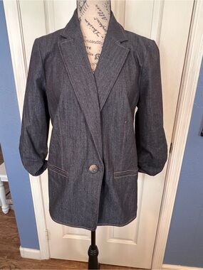 Tailored Dark blue denim Blazer Jacket ruched sleeve office workwear